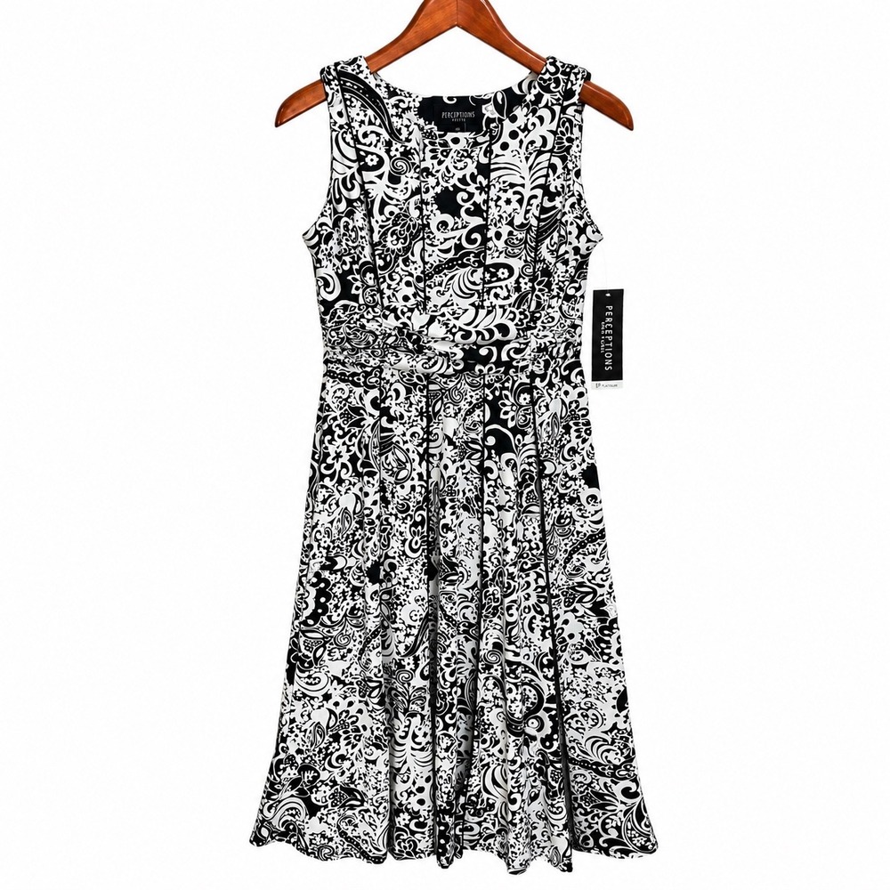Perceptions Petite Black White Paisley Floral Sleeveless Fit Flare Dress 8P